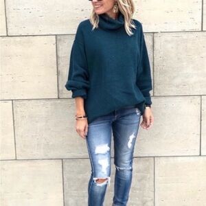 Free People Deep Jade Softly Structured Tunic Cowl Neck Sweater